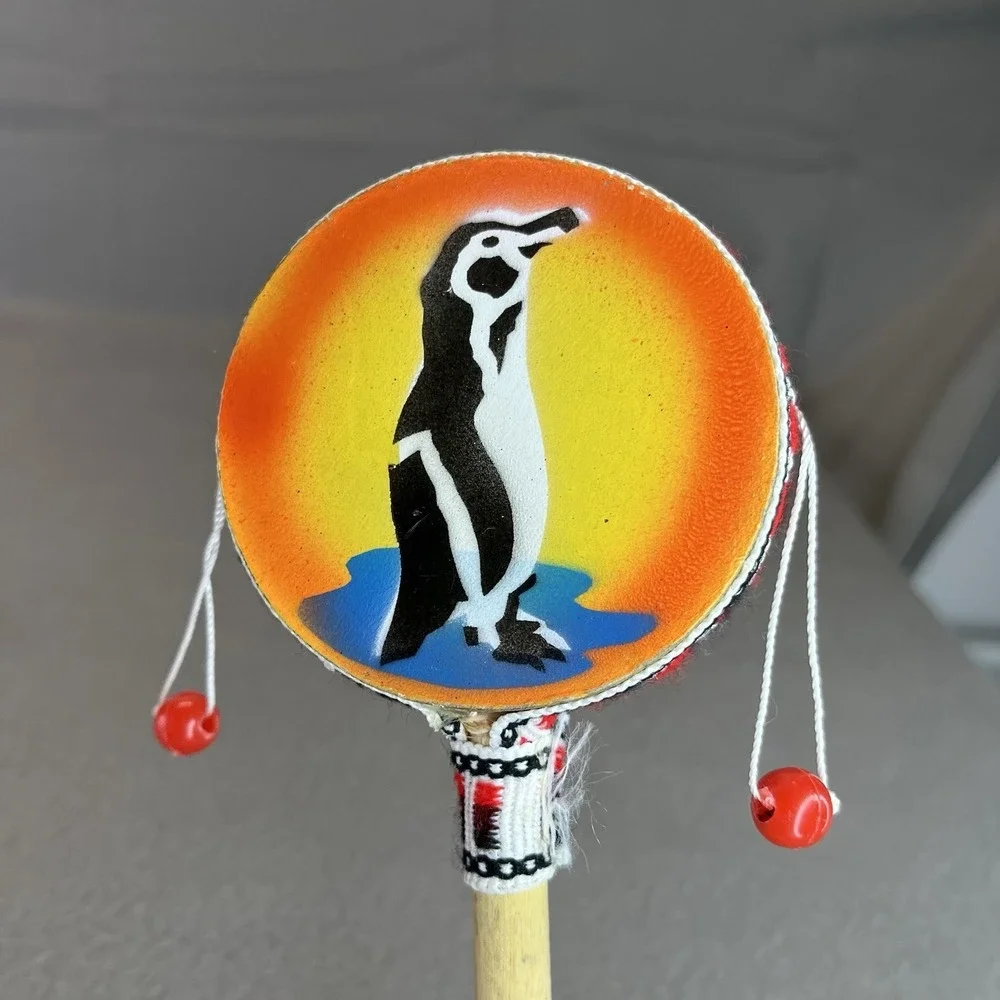 Spin Drum Wood Handle Penguin Spirit Bead Dance Beat Percussion Toy
